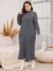 Mulvari Plus Size Solid Color Stand Collar Long Sleeve Casual Knit Dress