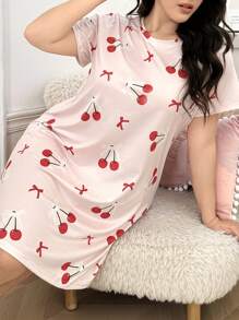 Plus Size Casual Cherry Print Short Sleeve Nightgown