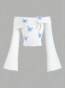 SHEIN Girlism Tween Girl 罗纹针织蓝色蝴蝶露肩喇叭袖 T 恤，法式时尚，适合圣诞节、新年、派对、春季