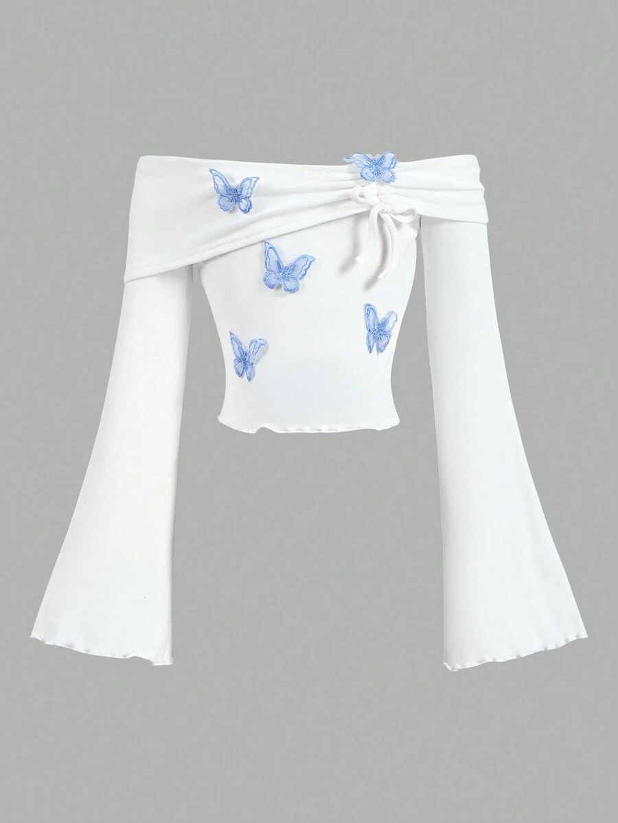 SHEIN Girlism Tween Girl 罗纹针织蓝色蝴蝶露肩喇叭袖 T 恤，法式时尚，适合圣诞节、新年、派对、春季