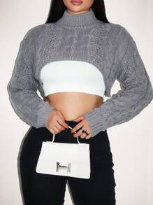 Zolique Casual Solid Color Stand Collar Cropped Cable Knit Sweater, Autumn/Winter Knit Pullover Fall Outfit