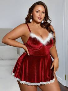 2 件套大码圣诞内衣连衣裙，带钢圈文胸和丁字裤 - 酒紅色 - 查看 6