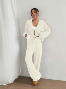 SHEIN Unity 2pcs Casual Minimalist Solid Color Sweater Sets, Slouchy Everyday Style - Beige - View 5