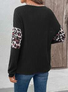 SHEIN LUNE Women's Autumn/Winter T-Shirt, Oversized Dolman Sleeve Round Neck, Leopard Print & Ribbed Panel Design, Color Blocking, Daily Casual Loose Style Graphic Cheetah Print Tees Women Tops