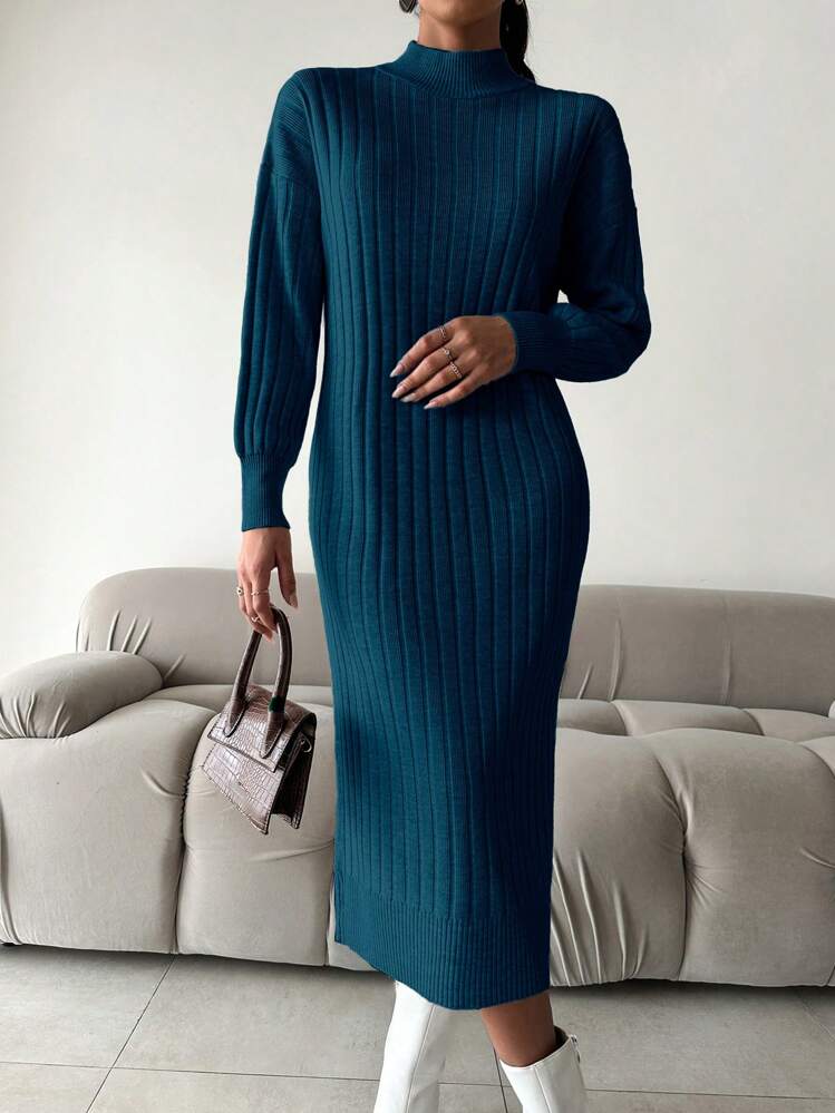 EURMUSE Women Stand Collar Dropped Shoulder Long Sleeve Straight Casual Knitted Sweater Dress, Autumn - Green - View 4