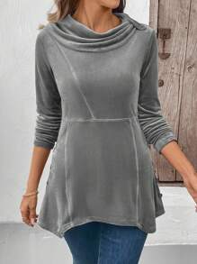 SHEIN LUNE Camisa de cuello alto para mujer para otoño/invierno, de hombro recto y manga larga, con panel delantero en patchwork, bajo asimétrico, detalles de botones a los lados, uso casual de todos los días