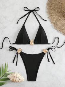 Swim Vcay Women's Black Sexy Tie-Up Triangle Top & Metal Decor Bikini Set, Beach Outfit For Summer Beach Vacation - Black - View 7