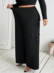 SHEIN CURVE+ Plus Size Women's High Waisted Elastic Wide Leg Pants, Daily Casual Streetwear With Pockets, Workwear Style,