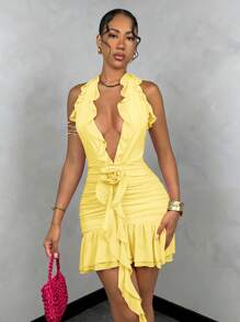 SHEIN BAE Đầm dự tiệc mùa hè xếp nếp cổ yếm màu trơn cho nữ - Màu vàng - Xem 3