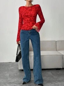 SHEIN Essnce 秋季时尚性感花卉印花系带露背喇叭袖红色长袖 T 恤 - 紅色 - 查看 7