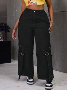 SHEIN SXY Plus Size Solid Color Front Button Pocket Simple Design Jeans, Casual Everyday Wear - Blue - View 3