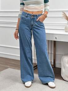 SHEIN LUNE 女式前扣口袋简约牛仔裤，休闲日常穿着