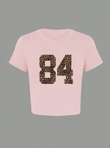 Tricou casual cu mânecă scurtă, cu imprimeu leopard, pentru adolescentă