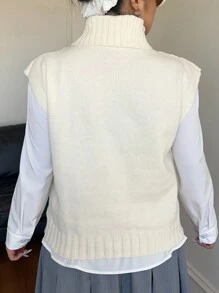 Flirla 加大码纯色高领宽松毛衣背心，休闲日常穿着纹理套头针织毛衣 - 杏色 - 查看 3