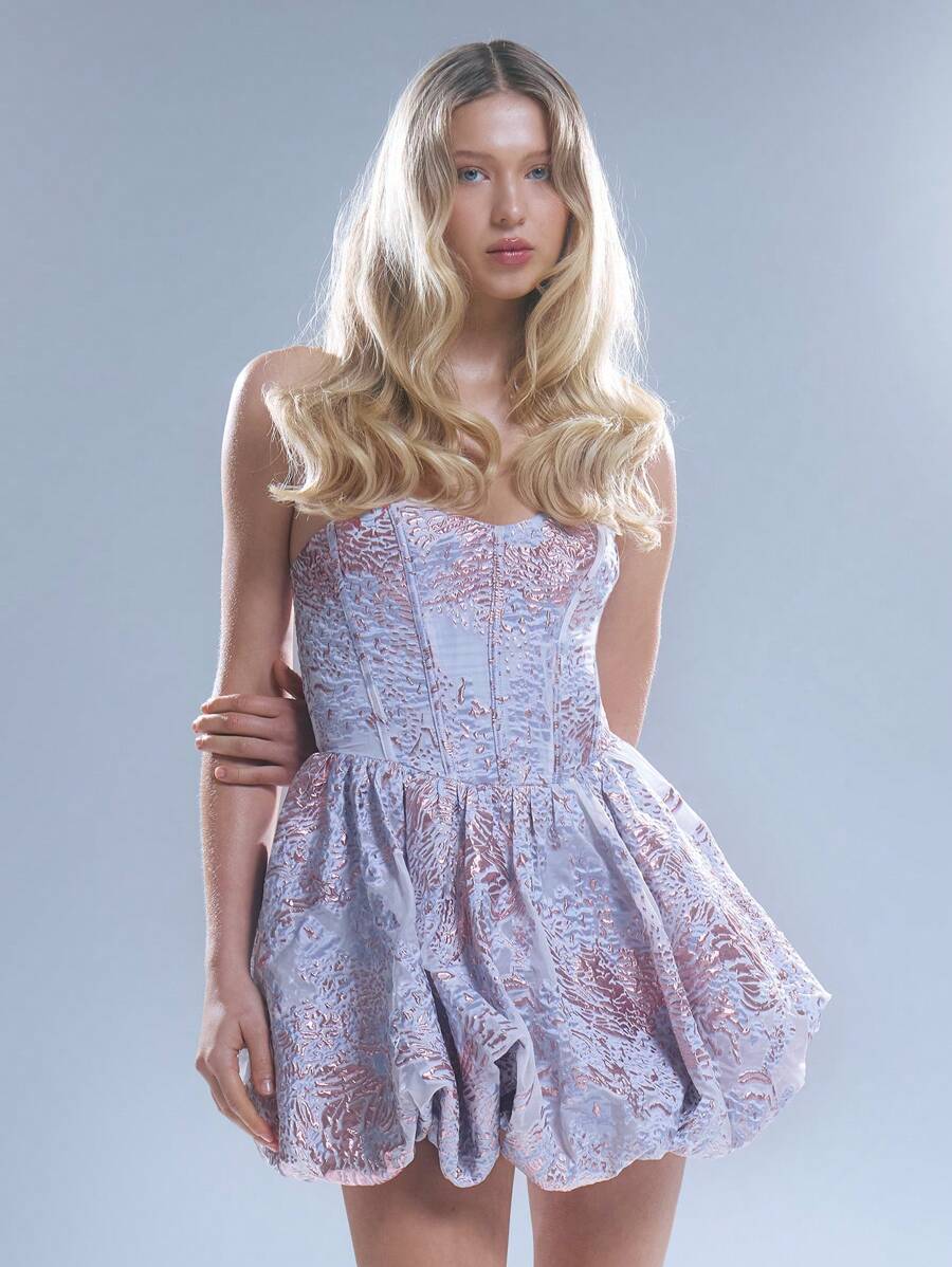 MUSERA 提花抹胸蓬蓬迷你连衣裙 春夏吊带裙 伊比沙岛波西米亚风 - 藍色 - 查看 1