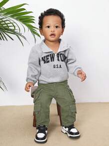 SHEIN 男婴时尚炫酷多口袋撞色缝线牛仔黑色牛仔裤，百搭户外服装