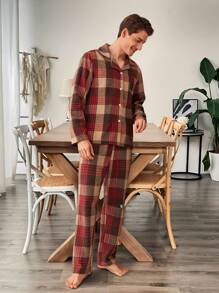 SHEIN 2pcs Men Classic Elegant Plaid Lapel Cardigan Long Sleeve Top And Casual Pants Comfortable Sleepwear Pajama Set For Christmas