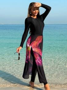 Swim Shayni 2024 适度布基尼 3 件套，长袖上衣，长裤，莲花裹身裙，保守泳衣夏季阿拉伯服装 - 黑色 - 查看 1