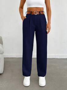 EURMUSE Pantalones rectos, sueltos y plisados de unicolor para uso diario y casual de las mujeres - Azul Marino - Ver 6