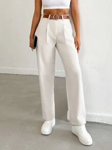 EURMUSE Women Solid Color Pleated Straight Loose Daily Casual Commuting Long Pants - Cream - View 3