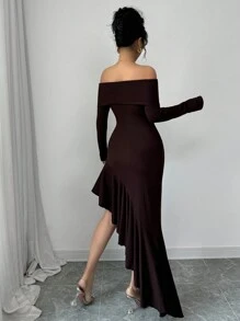 Elenzga Women's Off-Shoulder Asymmetrical Ruffle Hem Knit Elegant Dress - Coffee Brown - View 2