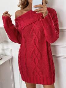 SHEIN LUNE 女士不对称领长袖宽松针织毛衣连衣裙，秋冬季新年衣服 - 紅色 - 查看 3
