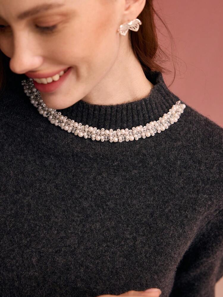 FAUX PEARL BEADED SWEATER