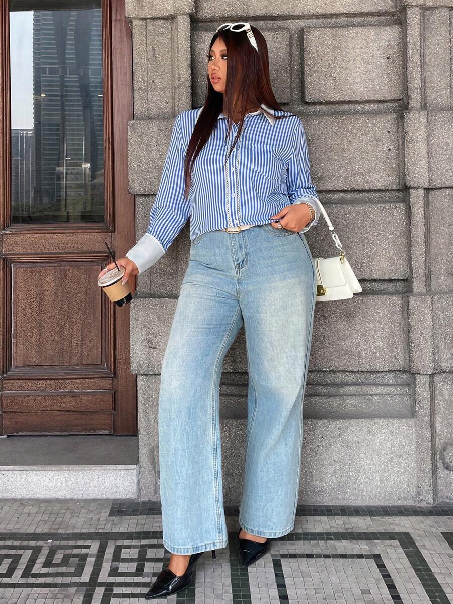 Calvaya Plus Size Women's Button Front Long Sleeve Striped Color Block Casual Shirt Fall Cloth For Women - Blue and White - View 1