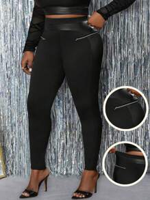 Slaydiva Plus Size Women Casual Sexy PU Splice Solid Black Leggings With Zipper Decor