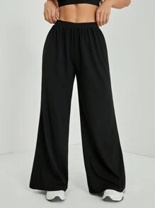 SHEIN PETITE 舒适人造丝阔腿休闲裤-黑色 - 黑色 - 查看 1