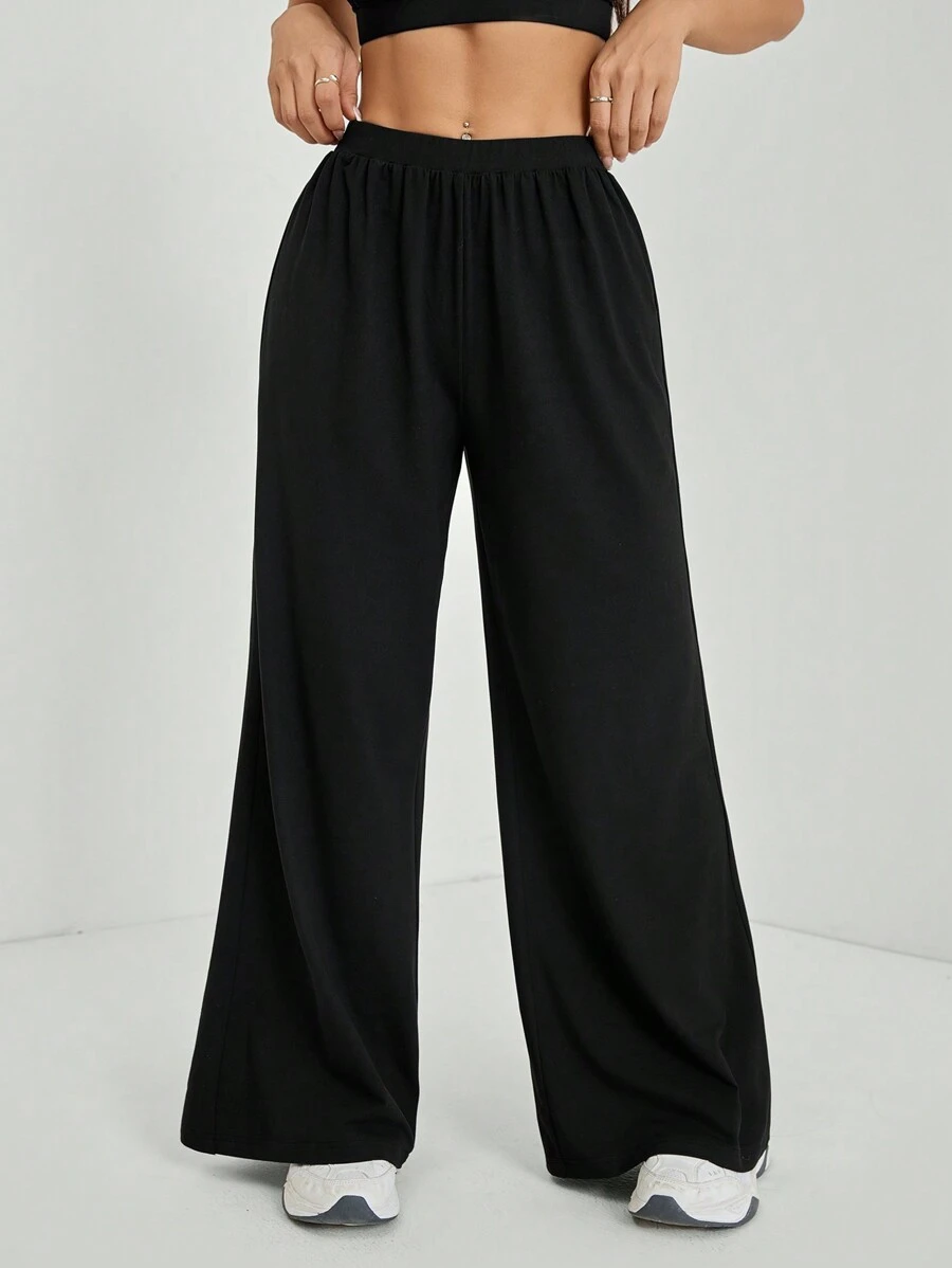 SHEIN PETITE 舒适人造丝阔腿休闲裤-黑色 - 黑色 - 查看 1