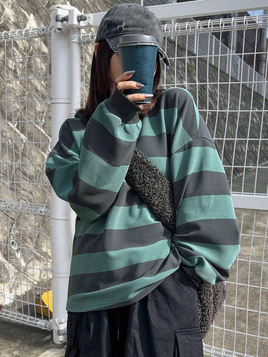 FRIFUL Women's Casual Contrasting Striped Loose T-Shirt, Autumn