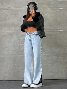 EURMUSE LOW WAIST SLIT DETAILED MEDIUM STRAIGHT LEG JEAN - Light Wash - View 3