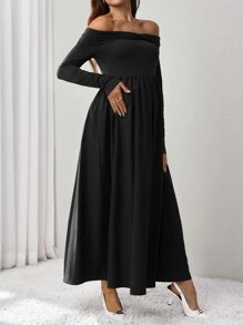 SHEIN Vestido ajustado de manga larga con hombros descubiertos, estilizador y elegante - Negro - Ver 5