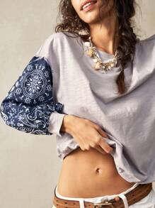 Bohemela 女士休闲针织拼布圆领 3/4 袖宽松 T 恤 - 灰色 - 查看 2