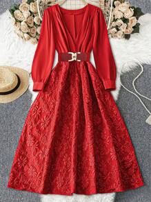 SHEIN Unity Đầm Maxi Dài Tay Cổ Chữ V Đơn Giản Trang Trí Kim Loại Cỡ Lớn Cho Quần Áo Năm Mới Cho Phụ Nữ - Đỏ - Xem 1