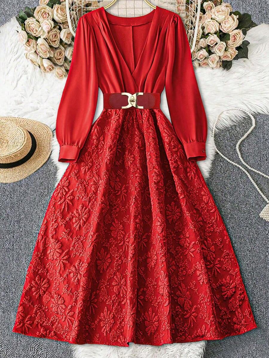 SHEIN Unity Đầm Maxi Dài Tay Cổ Chữ V Đơn Giản Trang Trí Kim Loại Cỡ Lớn Cho Quần Áo Năm Mới Cho Phụ Nữ - Đỏ - Xem 1