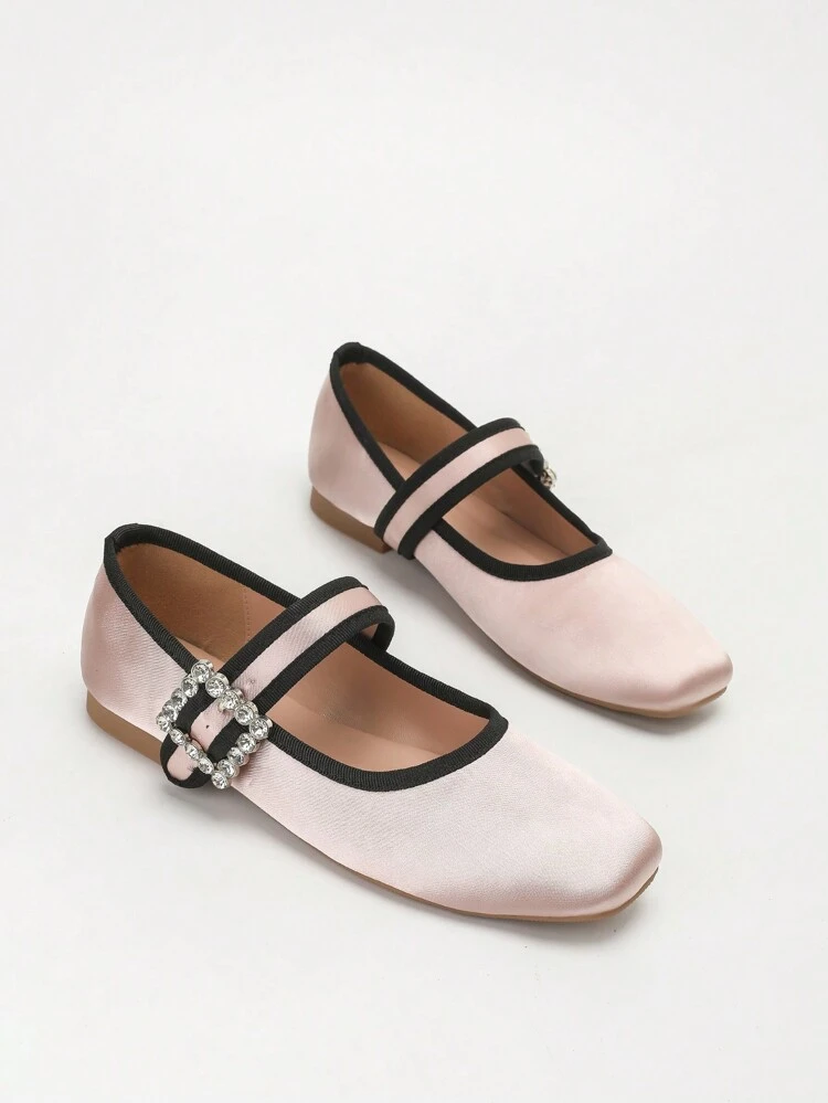 CUCCOO DOLLMOD Women's Rhinestone Buckle Square Toe Flat Shoes, Cute Sweet Retro Refined Beige Canvas Mary Jane Flat Shoes Spring Break Easter