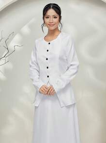 Graceveil Baju Kebaya 2pcs/Set Solid Color Button Front Long Sleeve Top And Skirt Casual Suit Modest