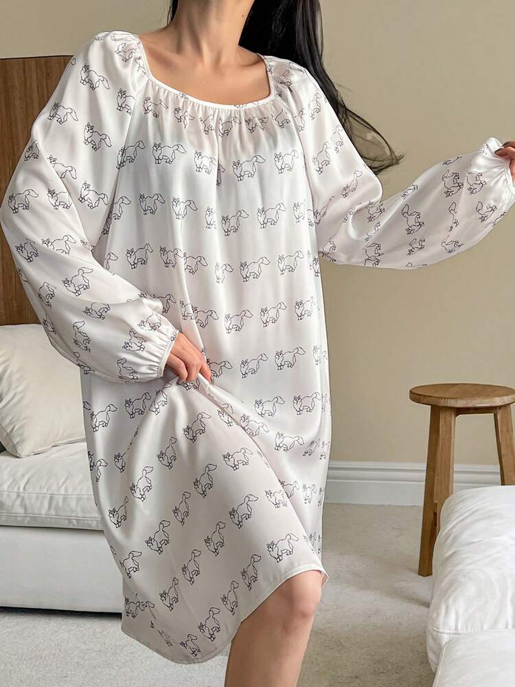Animal Pattern Allover Print Satin Gather Collar Lantern Sleeve Loose Nightgown Pajama