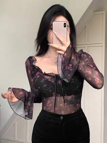 DAZY 女士满玫瑰印花花卉植物透明网眼喇叭袖蕾丝拼接长袖上衣情人节秋季女装 - 黑色 - 查看 5