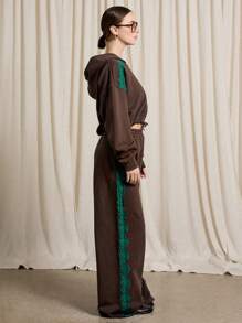 AiiRZ Lace Trim Crop Zip Up Hoodie And Wide Leg Trouser Set