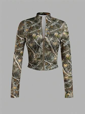 Slaydiva Camiseta de mujer casual y sencilla con estampado de rama a toda la prenda, tela elástica, cuello alto con media cremallera, cuello en V y mangas largas ajustadas, para otoño-invierno - E