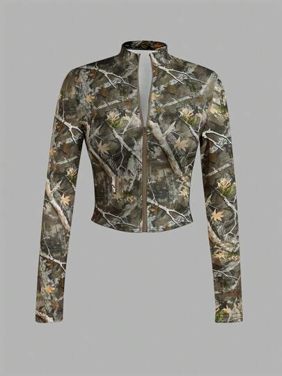 Slaydiva 简约休闲女式全印花树枝图案秋冬弹力半领拉链 V 领紧身长袖 T 恤 - E