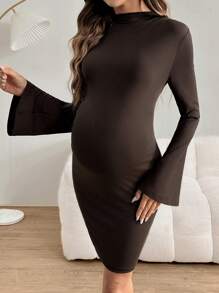 SHEIN Vestido ajustado mini de manga larga con cuello alto y fruncido, apropiado para usar en otoño/invierno como ropa casual/de oficina, para embarazadas