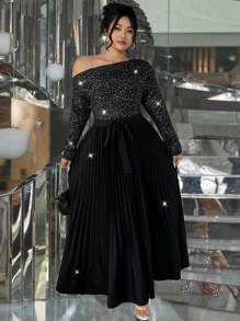 SHEIN Unity Plus Size Women's Party Sparkly Pleated Skirt Hem Asymmetrical Shoulder Dress Maxi Women Outfit