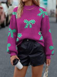 SHEIN LUNE 女士休闲蝴蝶结装饰立领落肩长袖套头毛衣，秋冬针织套头衫 - 紫色 - 查看 3