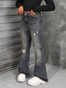 SHEIN Tween Girls Y2K Fashion Retro Stonewashed Ripped Flared Leg Jeans - Medium Wash - View 5