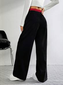 SHEIN EZwear Pantalones anchos y sueltos de mujer con bloqueo de color y cordón en la cintura, hechos de pana