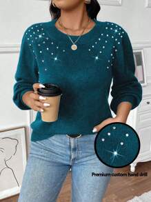 SHEIN Clasi Áo len dệt kim tay dài cổ tròn đính ngọc trai cỡ lớn dành cho nữ, dáng rộng, phù hợp mặc vào mùa thu đông - Màu xanh ngọc - Xem 1